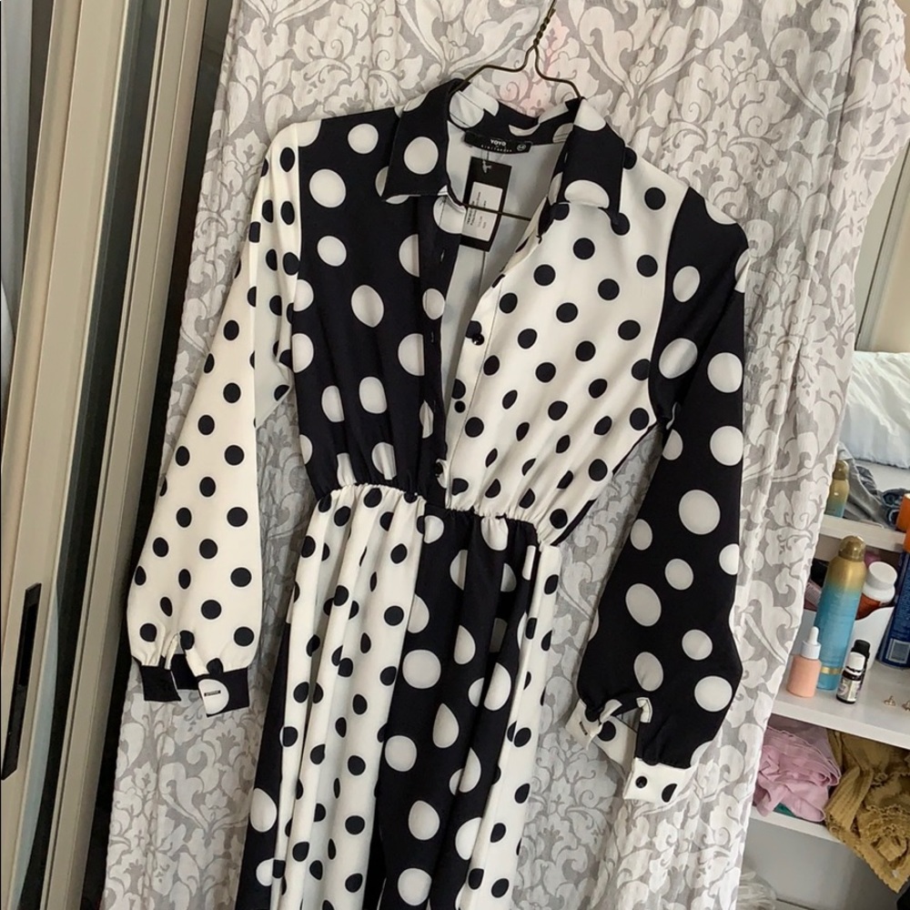Long black and white polka dot dress